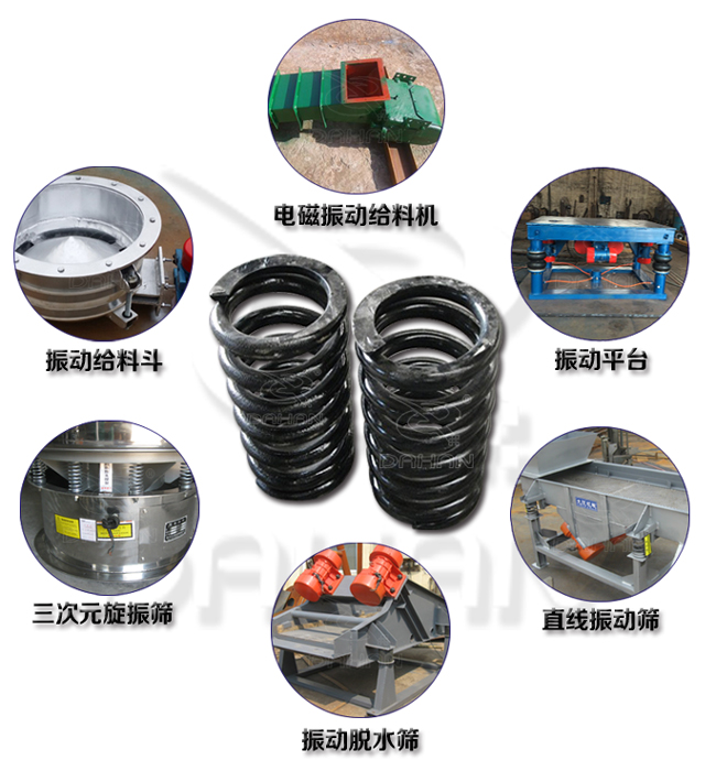 旋振篩減震彈簧適用產(chǎn)品：振動給料機，電磁振動給料機，振動平臺，直線振動篩，振動脫水篩，三次元旋振篩。